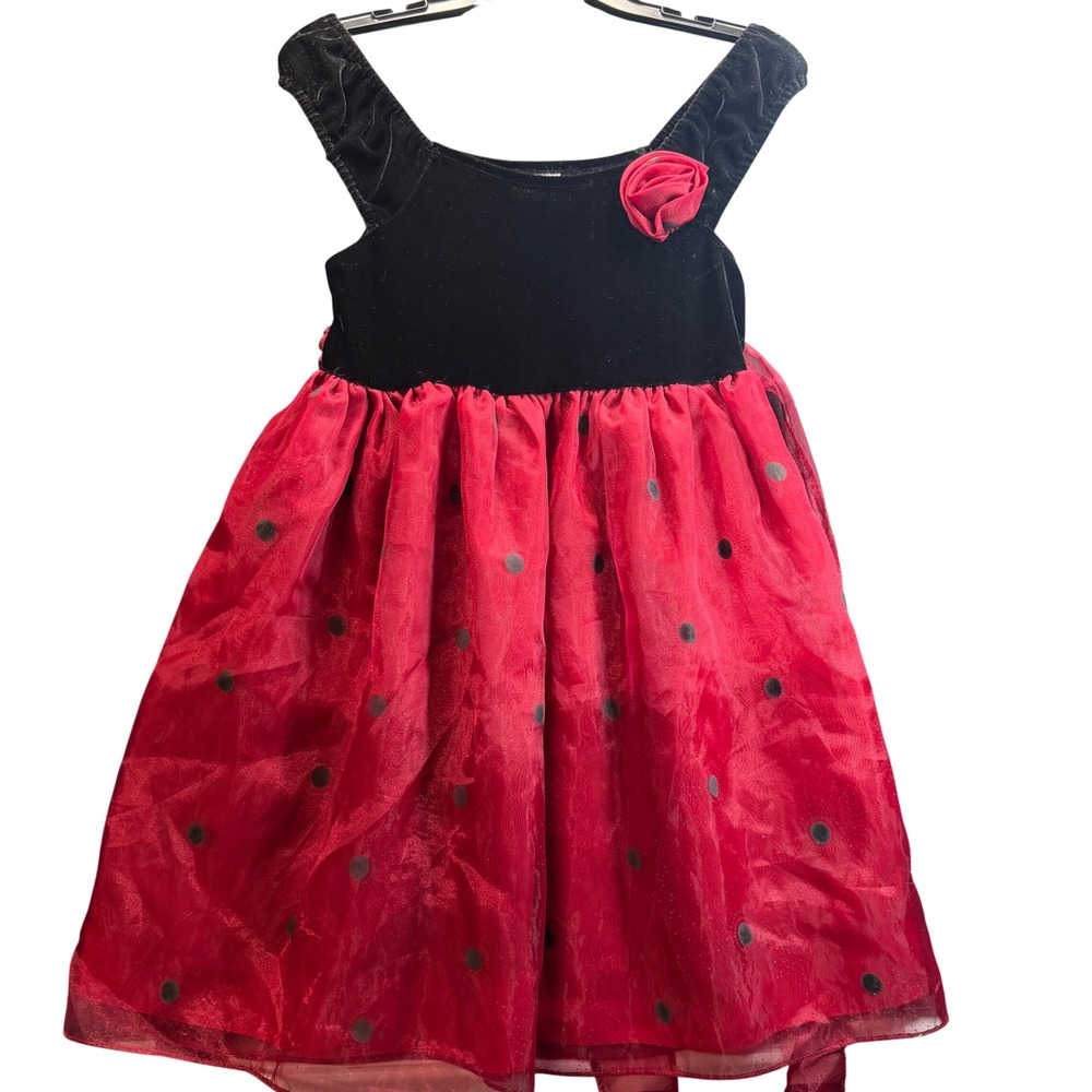 Marmellata Classics Party Dress Kids Girls 10 Red Black Velvet Polka Dot Pageant